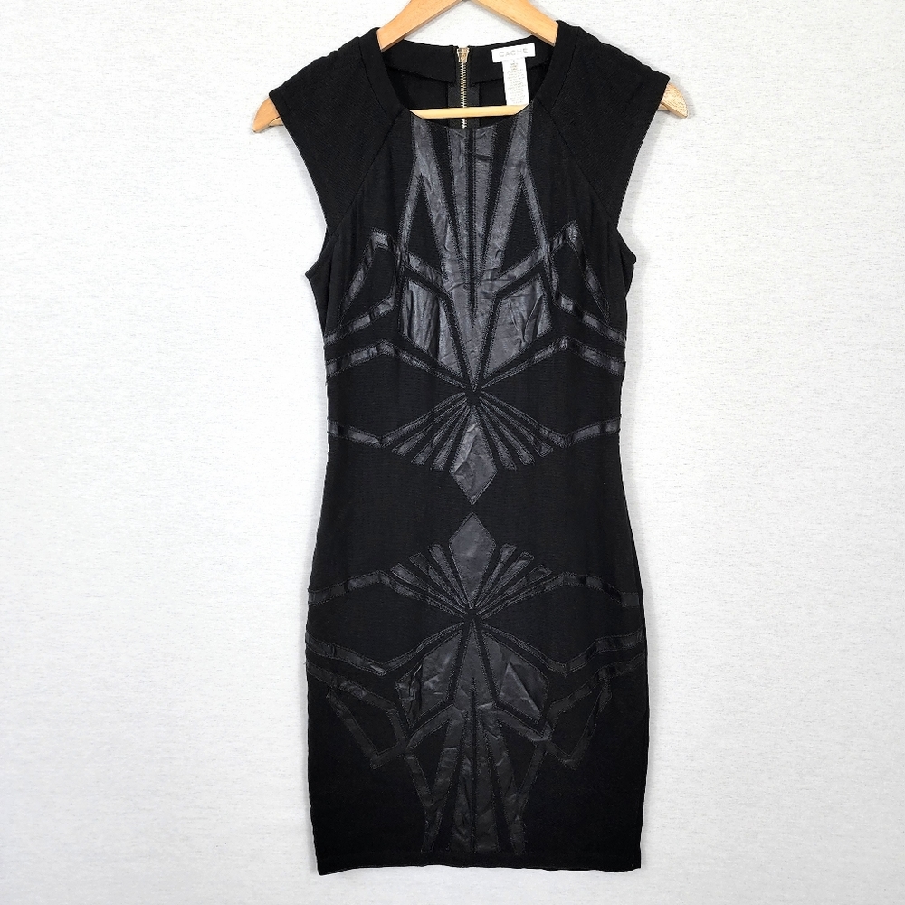 Cache Black Mesh Faux Leather Geometric Bodycon Cocktail Dress